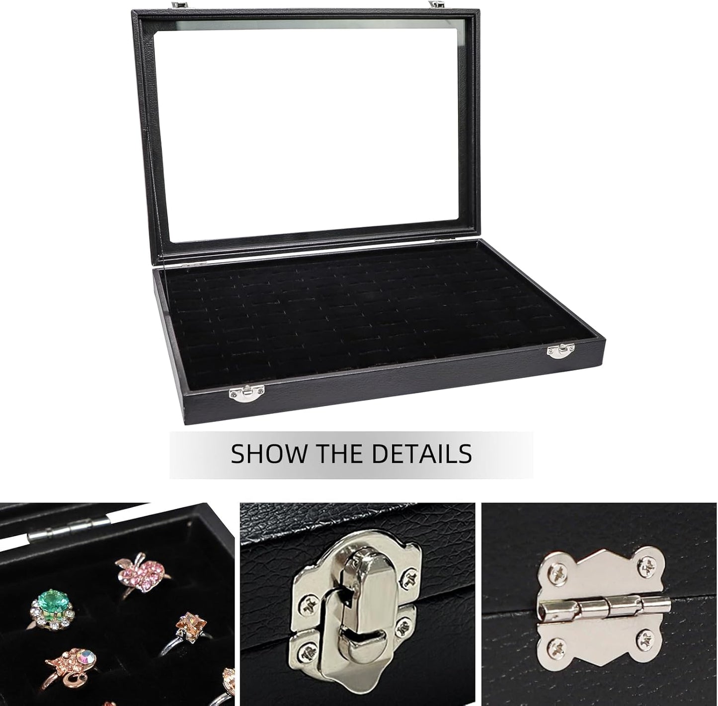 100 Slots Ring Holder Ring Display Case Black Jewelry Organizer with Transparent Lid Ring Boxes for Multiple Rings(Ring Organizer)