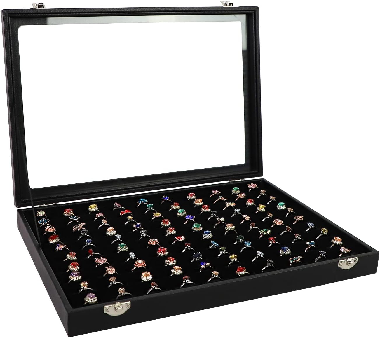 100 Slots Ring Holder Ring Display Case Black Jewelry Organizer with Transparent Lid Ring Boxes for Multiple Rings(Ring Organizer)