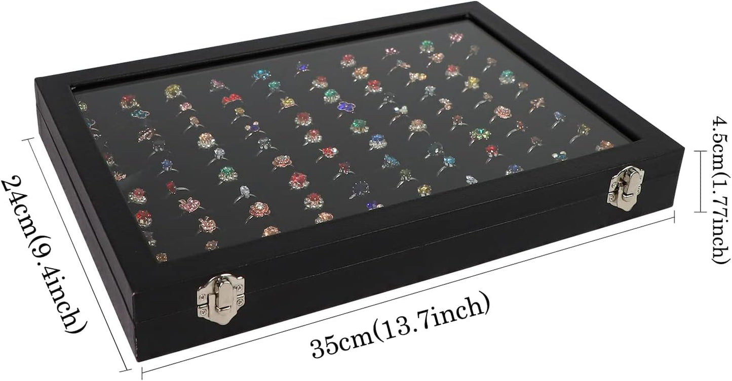 100 Slots Ring Holder Ring Display Case Black Jewelry Organizer with Transparent Lid Ring Boxes for Multiple Rings(Ring Organizer)