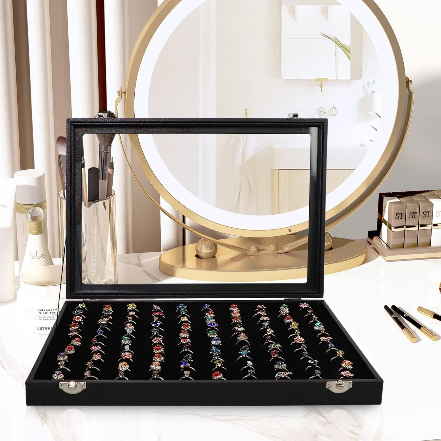 100 Slots Ring Holder Ring Display Case Black Jewelry Organizer with Transparent Lid Ring Boxes for Multiple Rings(Ring Organizer)